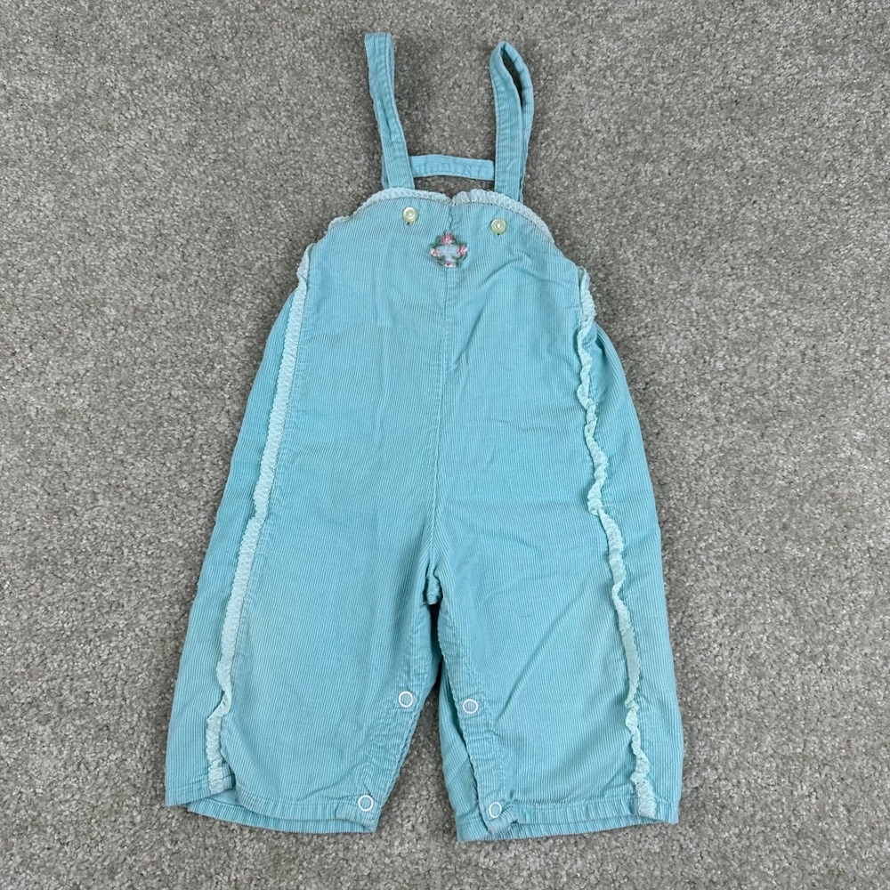 Vintage Baby Girls Blue Corduroy Lace Floral Overalls Size 24M Retro Cottagecore